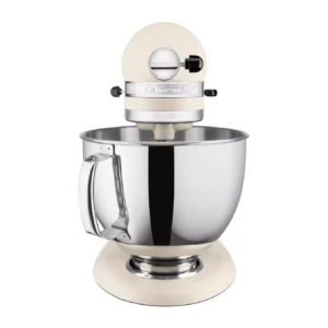 Vue de face du robot pâtissier KITCHENAID 5KSM175PSEFL (Copier) de couleur crème, équipé d'un grand bol en acier inoxydable muni d'une poignée.