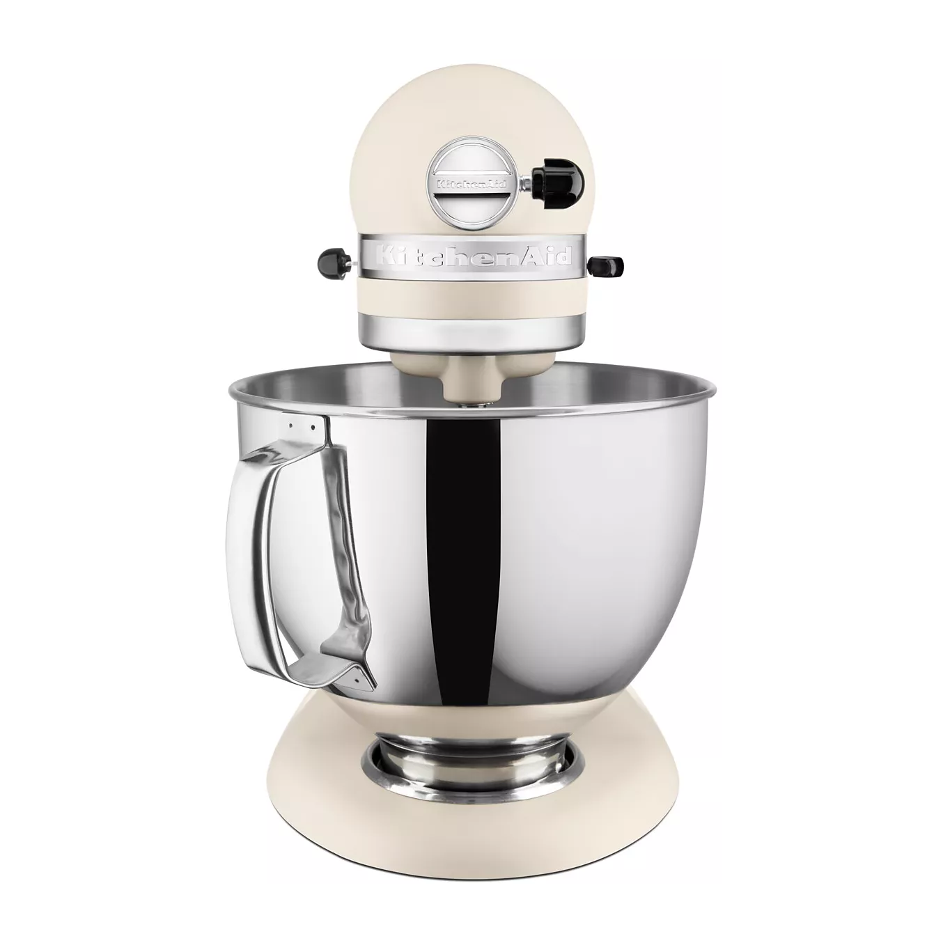 Vue de face du robot pâtissier KITCHENAID 5KSM175PSEFL (Copier) de couleur crème, équipé d'un grand bol en acier inoxydable muni d'une poignée.