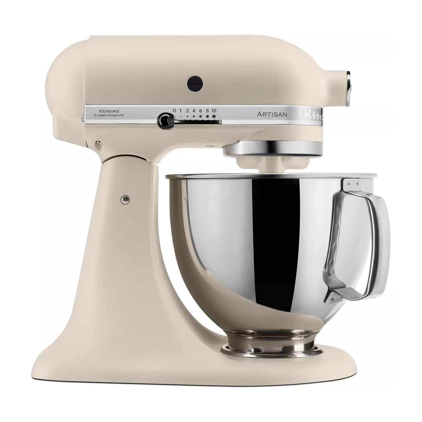Le robot pâtissier KITCHENAID 5KSM175PSEFL (Copier) est équipé d'un grand bol en acier inoxydable et d'un bouton de réglage de la vitesse facile à utiliser, situé sur le côté.