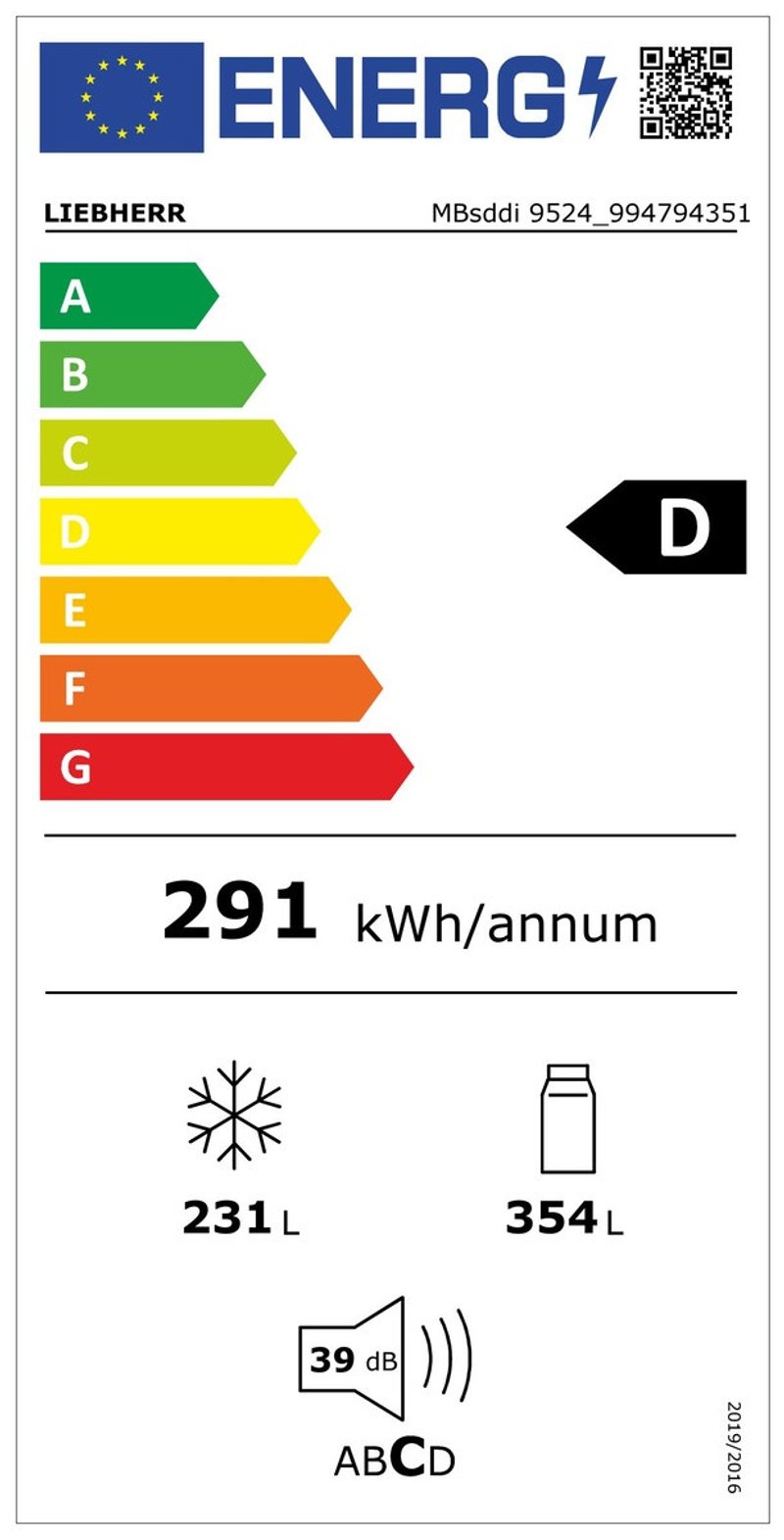 Le réfrigérateur LIEBHERR MBSDDI9524-20 est classé en classe énergétique D, consomme 291 kWh/an, offre une capacité de 231 L pour le congélateur et de 354 L pour le réfrigérateur, et fonctionne silencieusement à 39 dB.