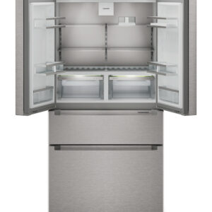 Ouvrez le réfrigérateur LIEBHERR MBSDDI9524-20 à portes françaises en acier inoxydable, dont on aperçoit les étagères vides et les deux tiroirs du congélateur situés en bas.