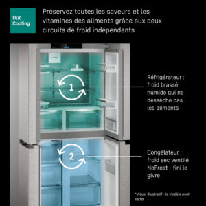 Réfrigérateur LIEBHERR MBSDDI9524-20 ouvert, dévoilant deux zones de refroidissement, identifiées comme « réfrigérateur » et « congélateur », avec des étiquettes en français.