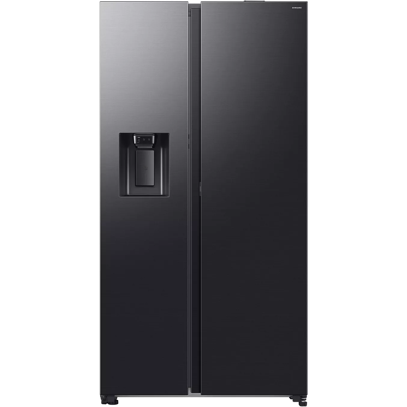 Le SAMSUNG RS70F64KEKEF est un réfrigérateur moderne noir de type « side-by-side » équipé d'un distributeur d'eau et de glaçons intégré dans la porte gauche.