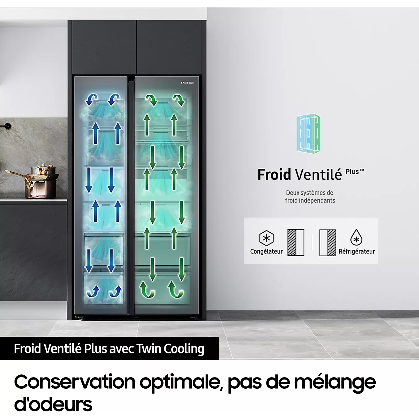 Le réfrigérateur SAMSUNG RS70F64KEKEF est équipé de deux systèmes de refroidissement indépendants, garantissant une circulation d'air distincte pour le compartiment congélateur et le compartiment réfrigérateur.