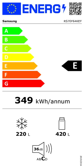 Le réfrigérateur SAMSUNG RS70F64KEKEF est classé E sur l'échelle d'efficacité énergétique, consomme 349 kWh/an, dispose d'un compartiment congélateur de 220 L et d'un compartiment réfrigérateur de 420 L, et fonctionne silencieusement à 36 dB.