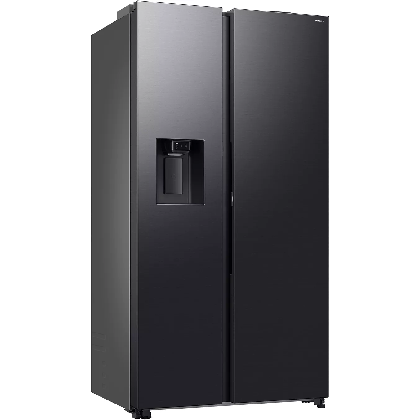 Le modèle SAMSUNG RS70F64KEKEF est un réfrigérateur noir à double porte, équipé d'un distributeur d'eau et de glaçons sur la porte de gauche, photographié sous un léger angle.