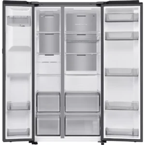 Réfrigérateur « side-by-side » SAMSUNG RS70F64KEKEF ouvert et vide, montrant ses étagères, ses tiroirs et ses compartiments de porte.