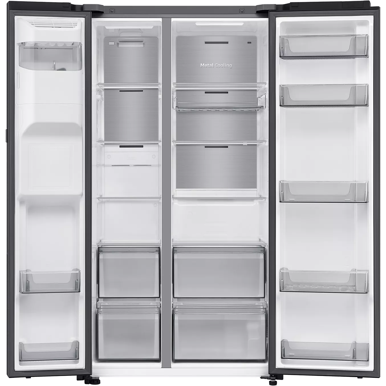 Réfrigérateur « side-by-side » SAMSUNG RS70F64KEKEF ouvert et vide, montrant ses étagères, ses tiroirs et ses compartiments de porte.