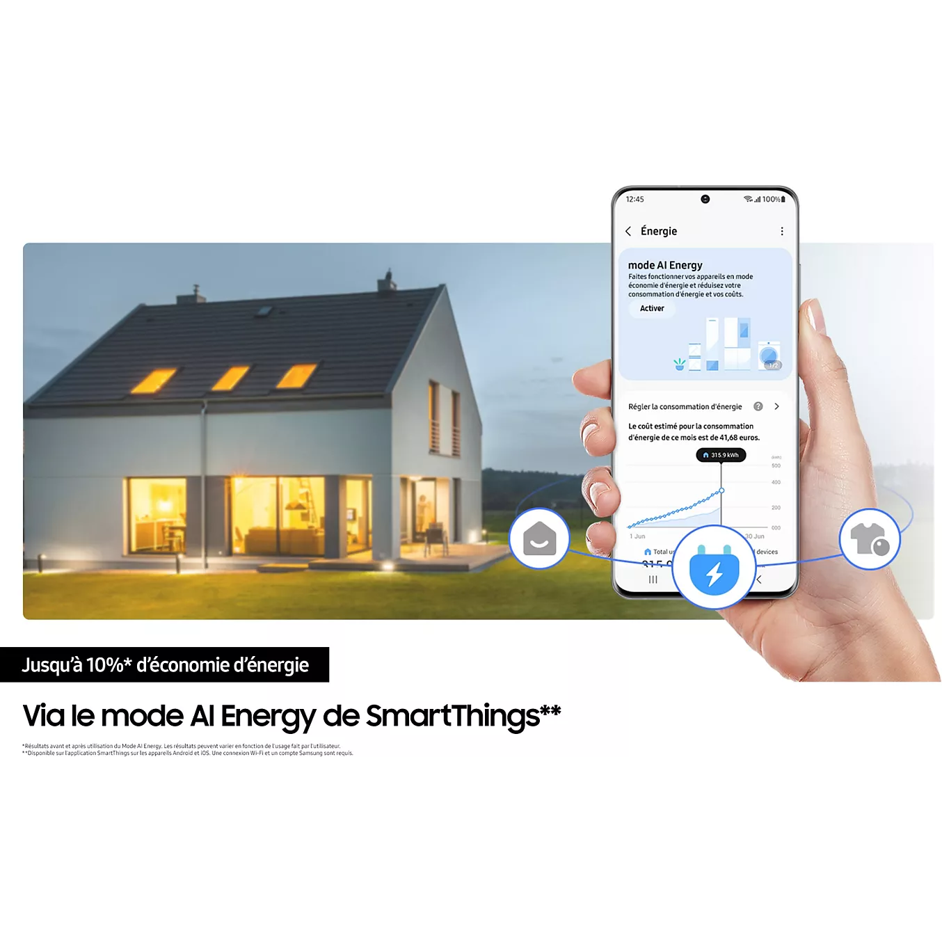 Une main tient un smartphone affichant les économies d'énergie réalisées grâce au SAMSUNG RS70F64KEKEF, tandis qu'une maison moderne s'illumine à la tombée de la nuit en arrière-plan.