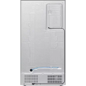 Vue arrière du réfrigérateur « side-by-side » SAMSUNG RS70F64KEKEF, doté d'un panneau métallique texturé, d'un système de ventilation et d'un raccordement par câble situé en bas.
