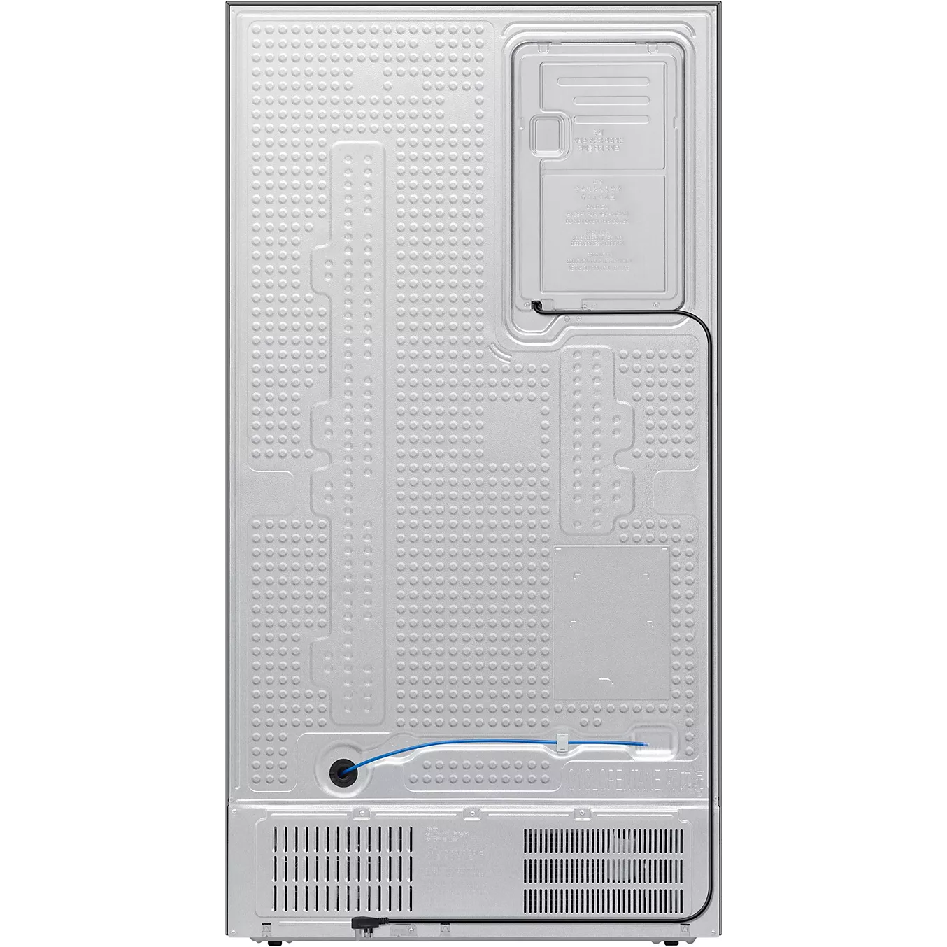 Vue arrière du réfrigérateur « side-by-side » SAMSUNG RS70F64KEKEF, doté d'un panneau métallique texturé, d'un système de ventilation et d'un raccordement par câble situé en bas.