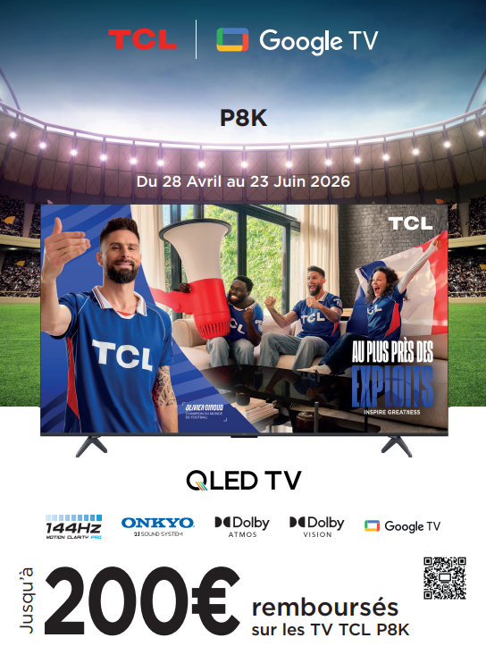 Des fans souriants, vêtus de maillots bleus TCL, acclament un téléviseur TCL P8K QLED, avec une offre de remboursement de 200 € pour le 23 juin mise en avant ci-dessous.