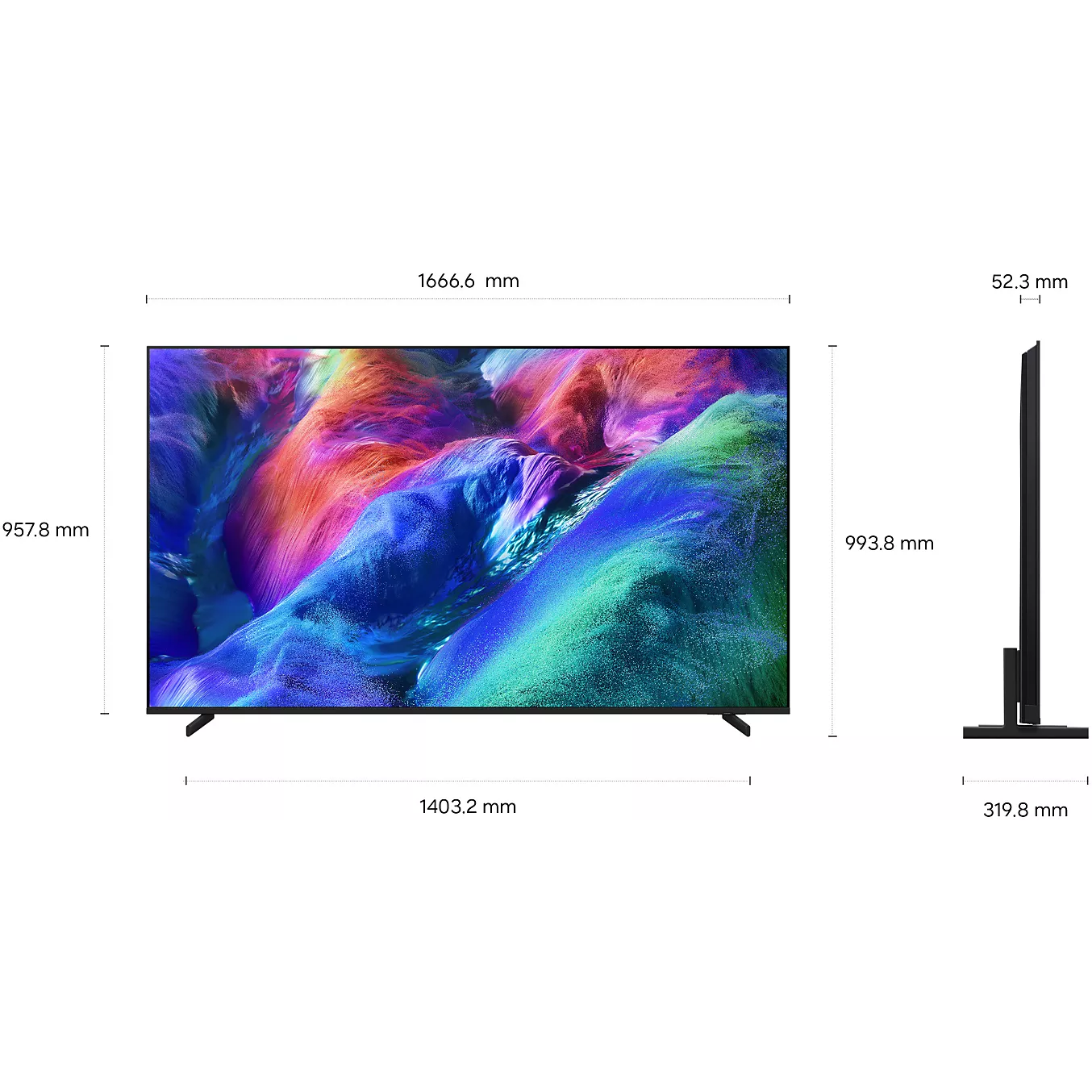 Vues de face et de profil du téléviseur SAMSUNG TMR75R85H, indiquant les dimensions détaillées en millimètres.