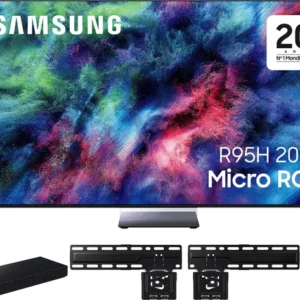 Le SAMSUNG TMR75R95H est livré avec des supports de fixation murale et dispose d'un élégant panneau rectangulaire noir sous l'écran, qui lui confère un look moderne.