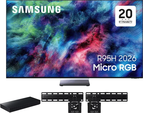 Le SAMSUNG TMR75R95H est livré avec des supports de fixation murale et dispose d'un élégant panneau rectangulaire noir sous l'écran, qui lui confère un look moderne.