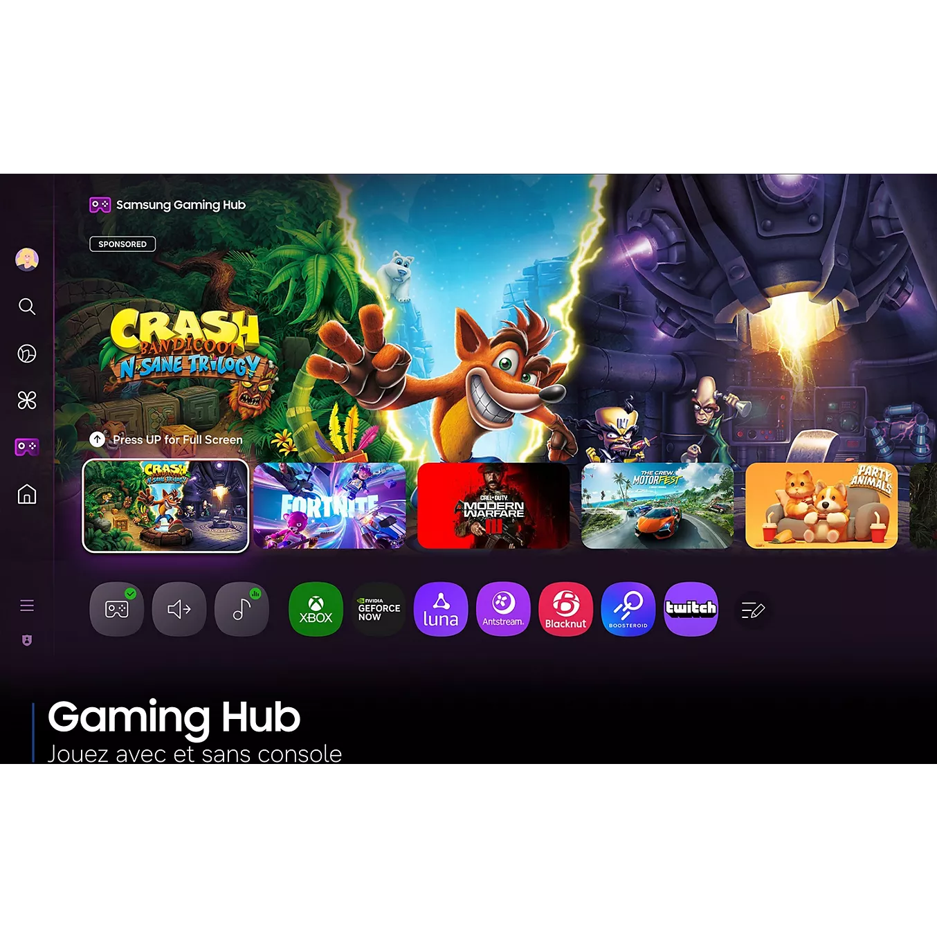L'écran du téléviseur SAMSUNG TMR75R95H affiche l'interface du Gaming Hub avec des icônes de jeux tels que Crash Bandicoot, Fortnite et Twitch.