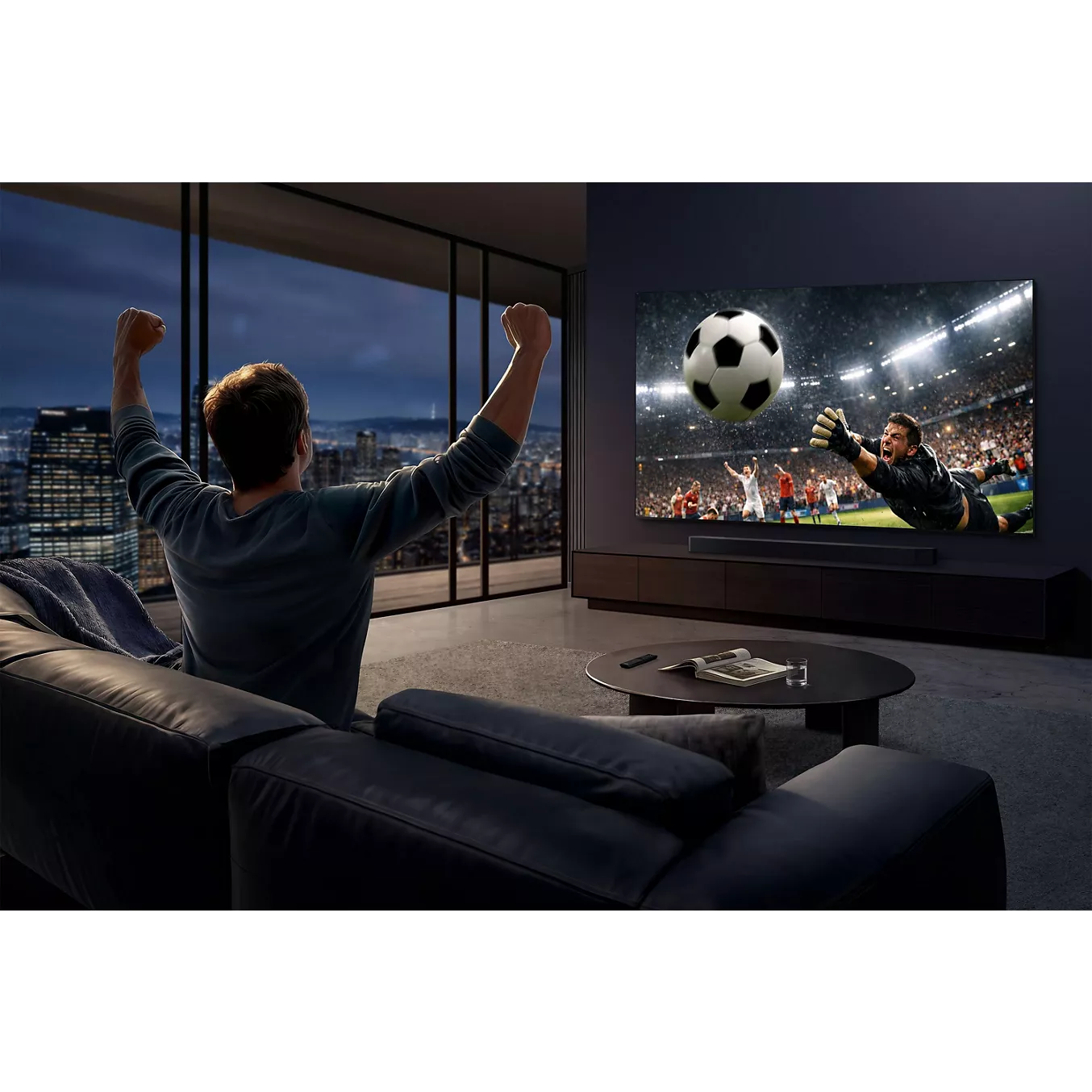 Un homme applaudit, confortablement installé sur son canapé, tout en regardant un match de football en soirée sur son téléviseur SAMSUNG TMR75R95H, dans son salon moderne.