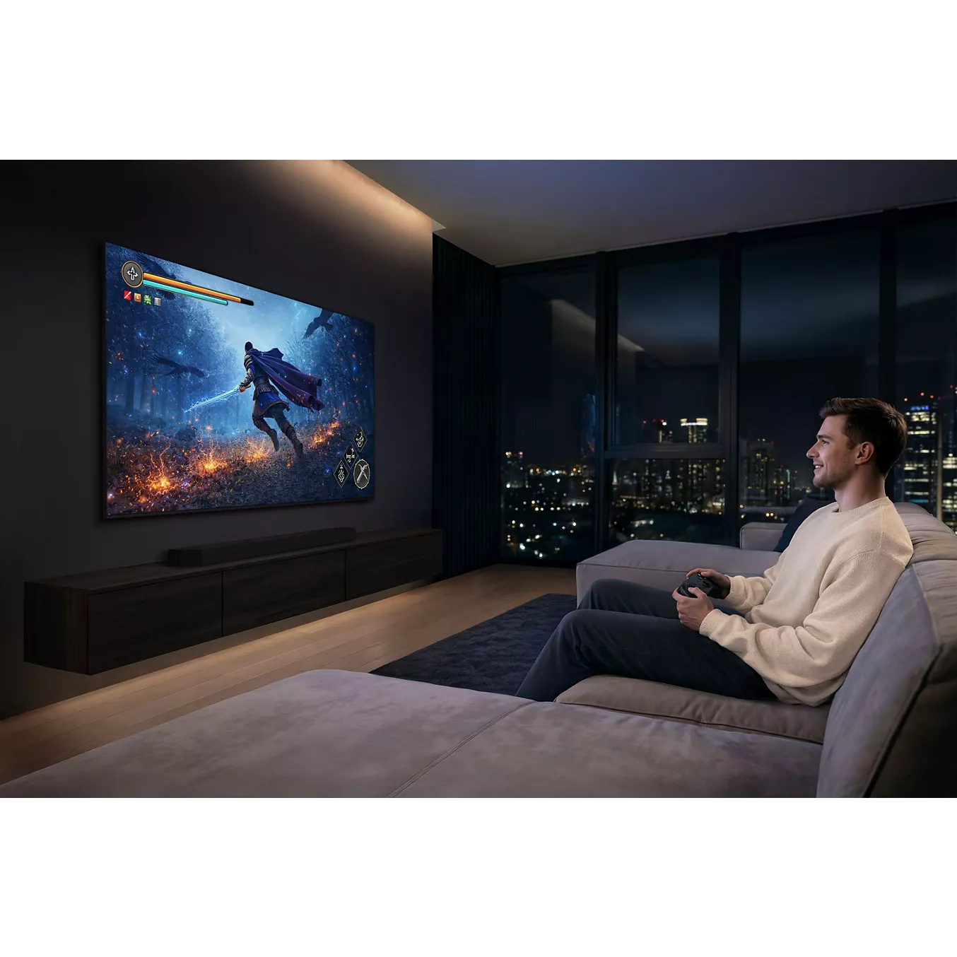 Un homme est assis sur un canapé et joue à des jeux vidéo sur un téléviseur SAMSUNG TMR75R95H, dans un salon moderne et faiblement éclairé, la nuit.