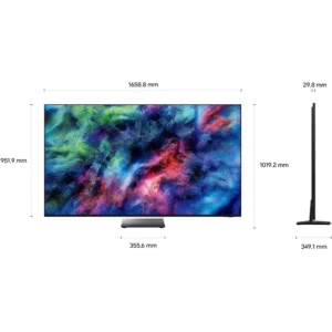 Téléviseur à écran plat SAMSUNG TMR75R95H doté d'un affichage aux couleurs éclatantes, présenté sous angle frontal et latéral, avec des mesures détaillées au millimètre près.