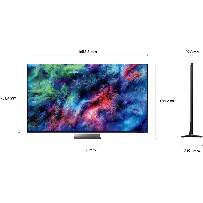 Téléviseur à écran plat SAMSUNG TMR75R95H doté d'un affichage aux couleurs éclatantes, présenté sous angle frontal et latéral, avec des mesures détaillées au millimètre près.