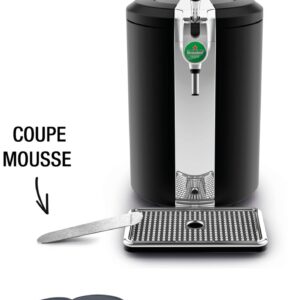 Robinet à bière Heineken noir avec bac d'égouttage en métal, coupe-mousse et deux sous-verres noirs portant une étiquette en français — conçu pour s'harmoniser avec votre machine à café KRUPS YY4808FD.