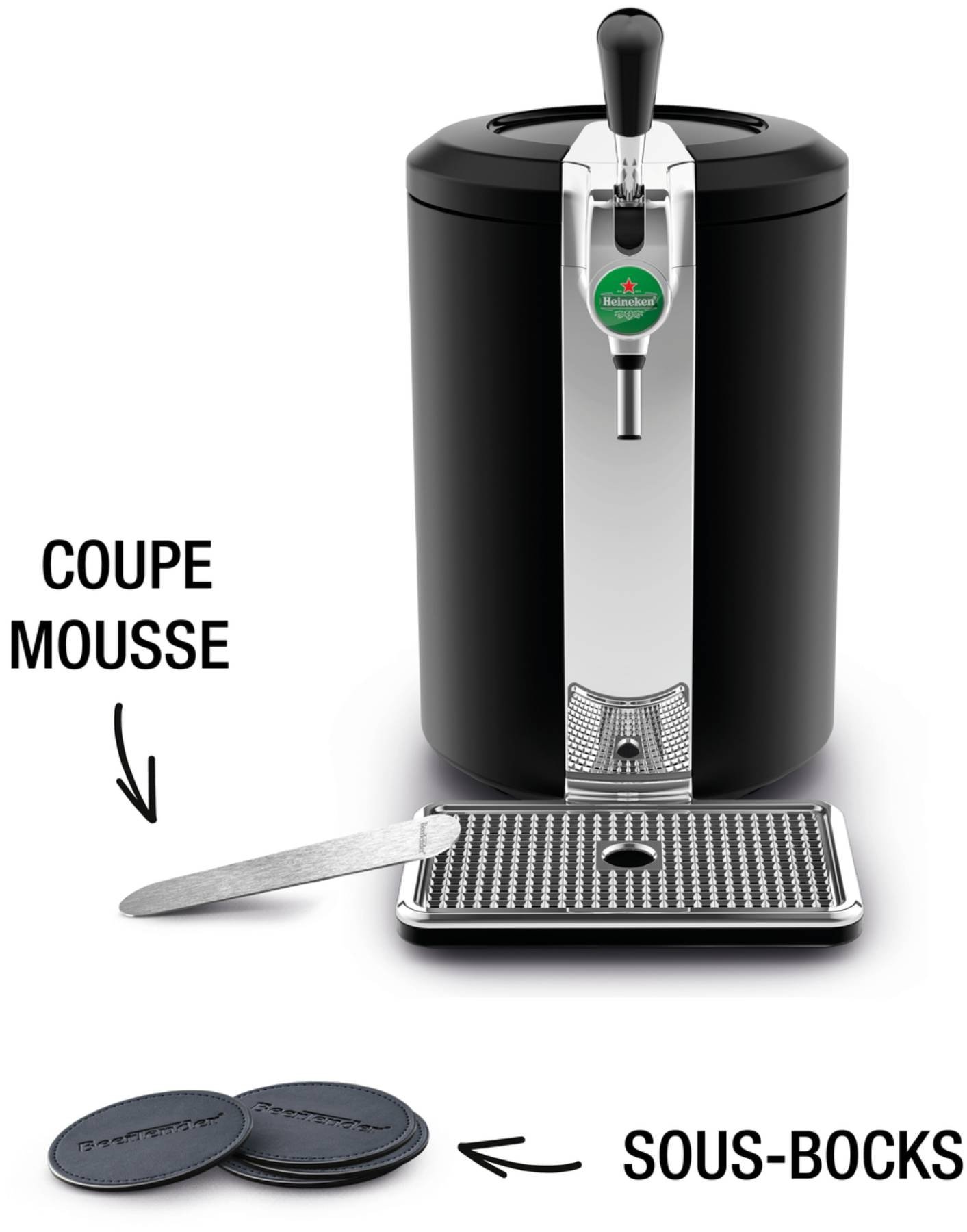 Robinet à bière Heineken noir avec bac d'égouttage en métal, coupe-mousse et deux sous-verres noirs portant une étiquette en français — conçu pour s'harmoniser avec votre machine à café KRUPS YY4808FD.