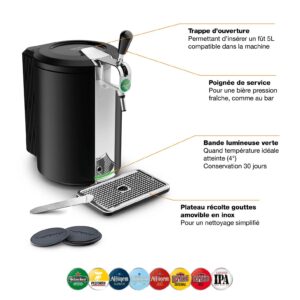 Le KRUPS YY4808FD est un distributeur de bière noir doté de pièces identifiées et d'un design épuré inspiré des machines à café, avec divers logos de marques de bière affichés dans la partie inférieure.