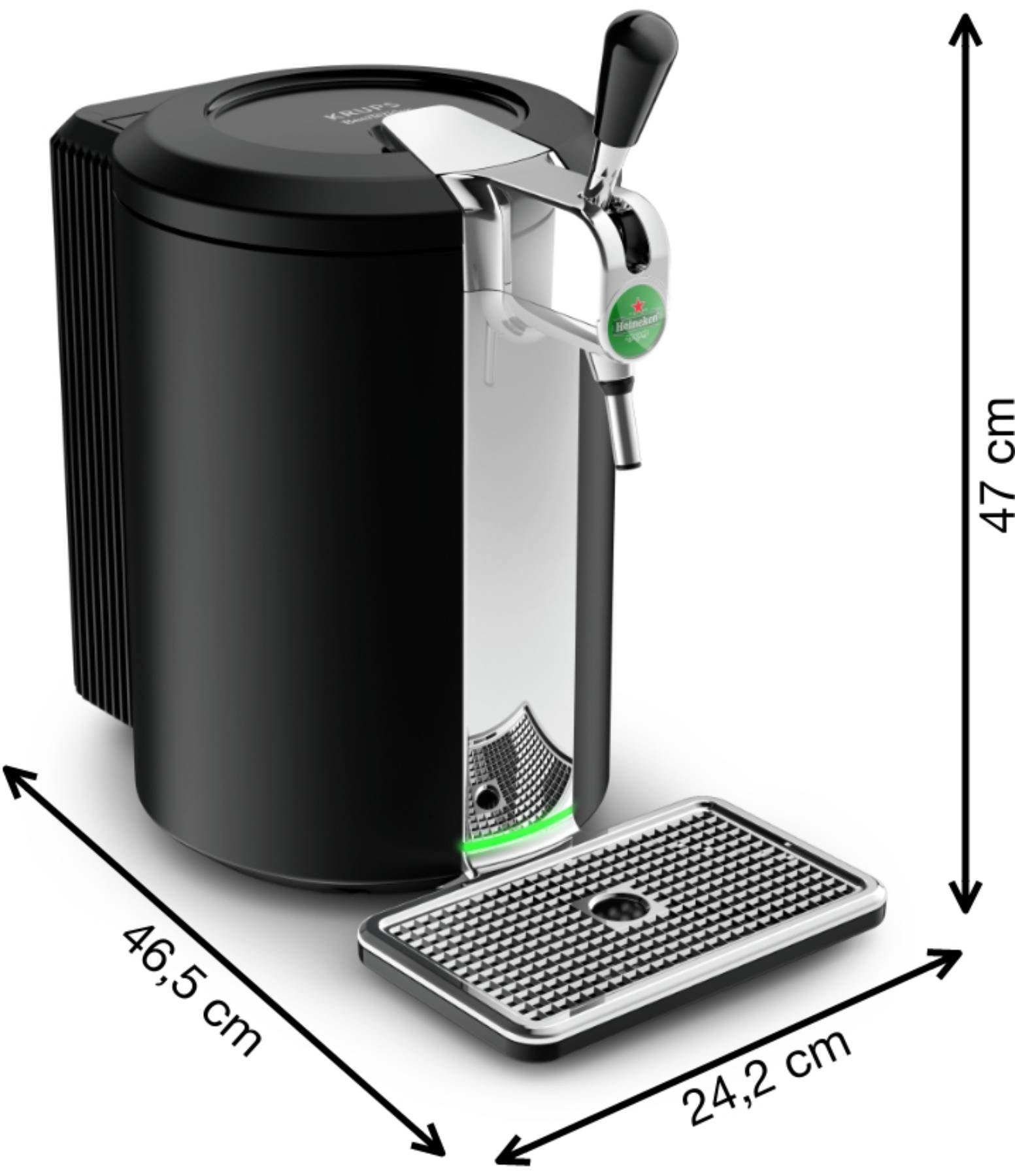 Le distributeur de bière KRUPS YY4808FD, de couleur noire, est équipé d'un robinet et d'un bac d'égouttage. Grâce à ses dimensions compactes (47 cm de hauteur, 46,5 cm de profondeur et 24,2 cm de largeur), il s'intègre parfaitement à côté de votre machine à café, quelle que soit la configuration de votre cuisine.