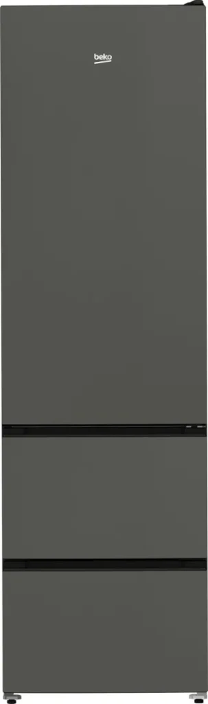 Un grand réfrigérateur SMEG FD14EW de couleur grise, doté de trois compartiments distincts et d'un design minimaliste.