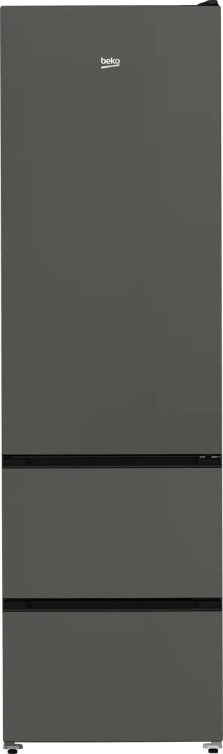 Un grand réfrigérateur SMEG FD14EW de couleur grise, doté de trois compartiments distincts et d'un design minimaliste.