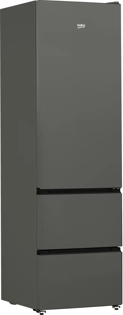 Un grand réfrigérateur SMEG FD14EW de couleur gris argenté, doté de trois compartiments distincts et d'un design minimaliste.
