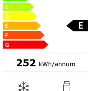 Étiquette énergétique du modèle SMEG FD14EW : classe E, 252 kWh/an, compartiment congélateur de 102 L, compartiment réfrigérateur de 249 L, niveau sonore de 37 dB.