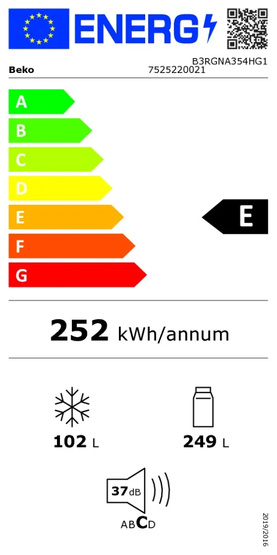 Étiquette énergétique du modèle SMEG FD14EW : classe E, 252 kWh/an, compartiment congélateur de 102 L, compartiment réfrigérateur de 249 L, niveau sonore de 37 dB.