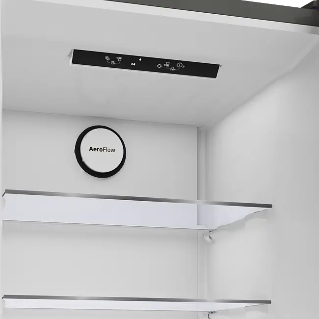 À l'intérieur du réfrigérateur SMEG FD14EW, vous trouverez deux clayettes en verre et une bouche d'aération AeroFlow sur la paroi arrière.