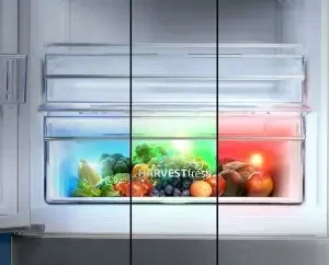 Le tiroir du réfrigérateur SMEG FD14EW est ouvert, dévoilant un étalage éclatant de fruits et légumes frais, mis en valeur par des lumières colorées.