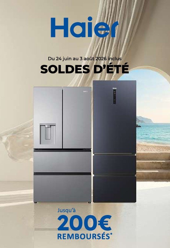 Deux réfrigérateurs HAIER modernes avec vue sur la mer, équipés de la technologie FROID. Profitez des soldes d'été et d'une remise pouvant aller jusqu'à 200 € — offre valable jusqu'en JUIN 2026.