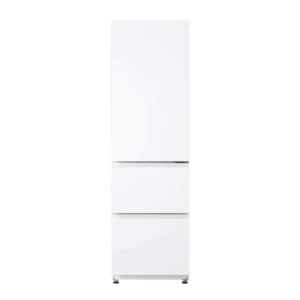 Le HAIER HTR3518ENMW est un réfrigérateur haut et moderne, de couleur blanche, doté de trois compartiments situés à l'avant.
