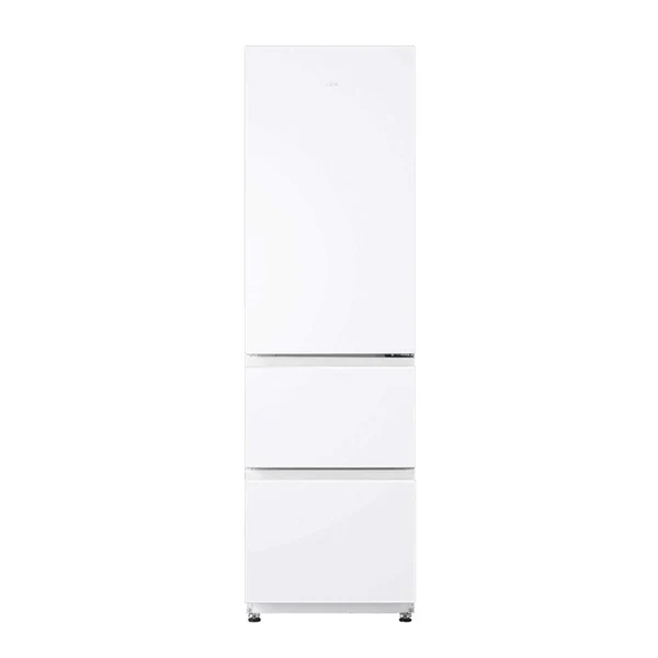 Le HAIER HTR3518ENMW est un réfrigérateur haut et moderne, de couleur blanche, doté de trois compartiments situés à l'avant.