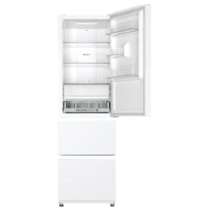 Le modèle HAIER HTR3518ENMW est un réfrigérateur moderne de couleur blanche, doté d'une porte supérieure ouverte donnant sur des étagères vides et de deux tiroirs de congélateur fermés situés dans la partie inférieure.