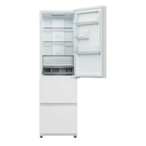 Le réfrigérateur HAIER HTR3518ENMW est présenté avec sa porte supérieure ouverte, laissant apparaître les étagères et les compartiments vides à l'intérieur.