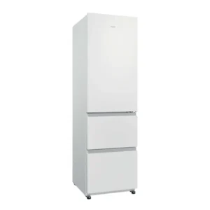 Le modèle HAIER HTR3518ENMW est un réfrigérateur moderne de couleur blanche, doté de deux tiroirs de congélation en bas et de pieds verticaux noirs.