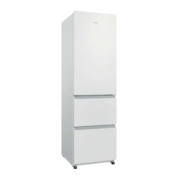 Le modèle HAIER HTR3518ENMW est un réfrigérateur moderne de couleur blanche, doté de deux tiroirs de congélation en bas et de pieds verticaux noirs.