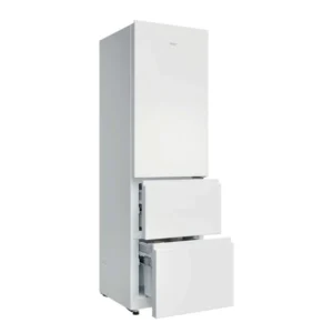 Un réfrigérateur HAIER HTR3518ENMW récent, équipé de deux tiroirs de congélation dans la partie inférieure, tous deux légèrement ouverts.