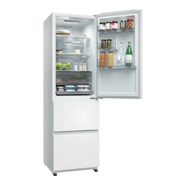 Un réfrigérateur HAIER HTR3518ENMW de couleur blanche est représenté, porte ouverte, dévoilant des étagères remplies de divers aliments et boissons.