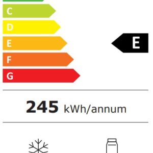 Le réfrigérateur HAIER HTR3518ENMW affiche une classe énergétique E, consomme 245 kWh/an, comprend un compartiment congélateur de 107 L et un compartiment réfrigérateur de 196 L, et fonctionne silencieusement à 35 dB.