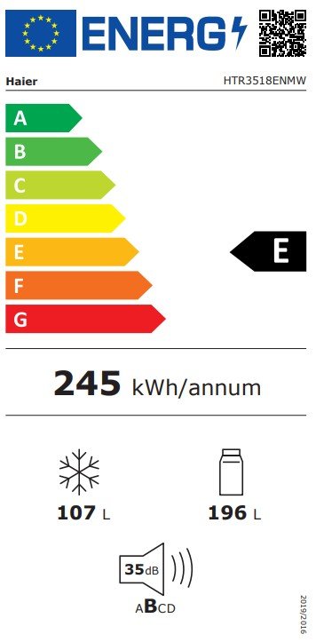 Le réfrigérateur HAIER HTR3518ENMW affiche une classe énergétique E, consomme 245 kWh/an, comprend un compartiment congélateur de 107 L et un compartiment réfrigérateur de 196 L, et fonctionne silencieusement à 35 dB.