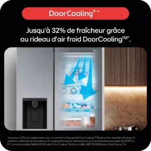 Le réfrigérateur LG GBV3200DPY met en avant des lignes bleues représentant le flux d'air pour illustrer sa fonction « DoorCooling+ », accompagnées d'un texte en français qui en explique les avantages.