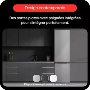 Cuisine moderne avec des placards noirs, un réfrigérateur LG GBV3200DPY argenté et une sélection de couleurs visible au bas de l’image.