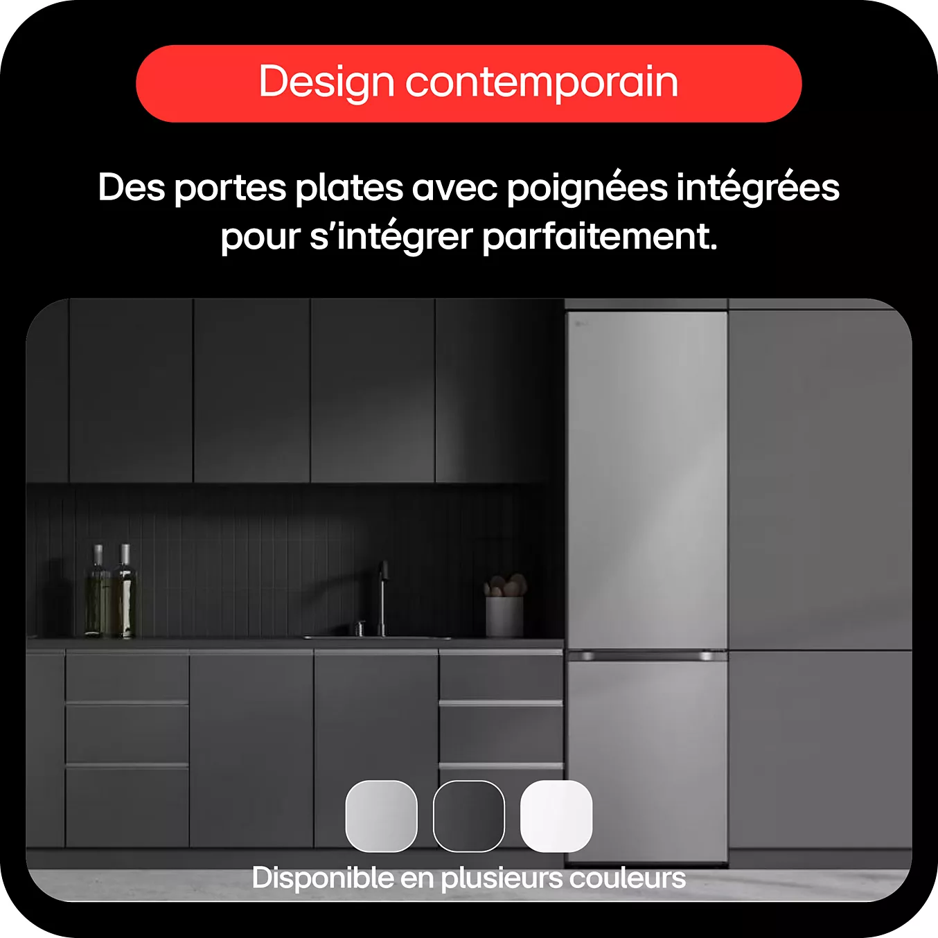 Cuisine moderne avec des placards noirs, un réfrigérateur LG GBV3200DPY argenté et une sélection de couleurs visible au bas de l’image.