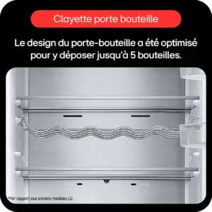 Le réfrigérateur LG GBV3200DPY est équipé d’un porte-bouteilles en métal pouvant contenir jusqu’à 5 bouteilles.